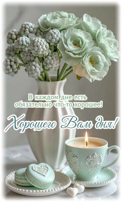 Открытка «Пожелание»: Хорошего дня! Нежные цветы и уютная свеча. Тэги: улыбка, красивая, позитив, радость, добрый день…