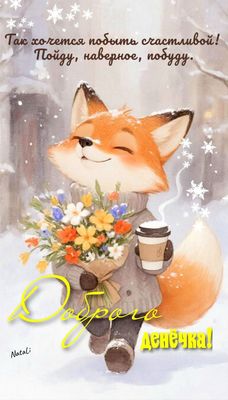Открытка «Животное»: Доброго денечка! Счастливая лиса с букетом и кофе. Тэги: пожелание, улыбка, красивая, кофе…