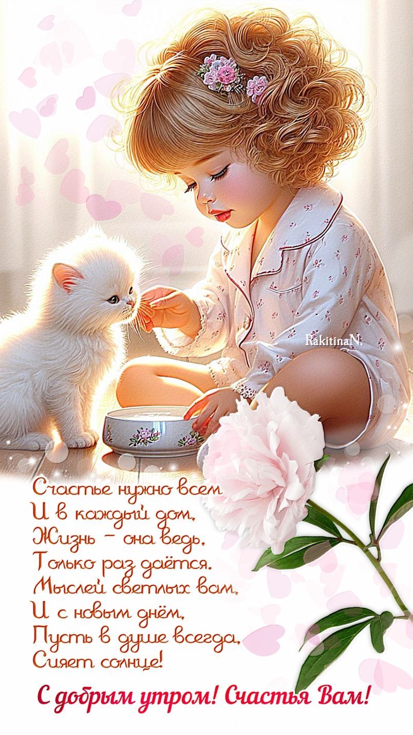 Открытка «Кот»: С добрым утром: счастье, девочка и милый котенок!. Тэги: животное, пожелание, улыбка, красивая…