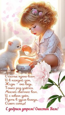 Открытка «Кот»: С добрым утром: счастье, девочка и милый котенок!. Тэги: животное, пожелание, улыбка, красивая…