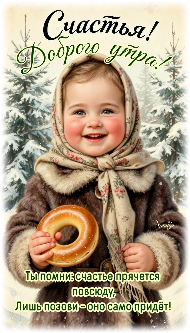 Открытка «Пожелание»: Счастья и Доброго утра! Зимний позитив с малышом. Тэги: улыбка, красивая, позитив, радость…