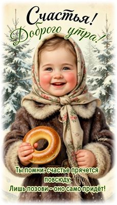 Открытка «Пожелание»: Счастья и Доброго утра! Зимний позитив с малышом. Тэги: улыбка, красивая, позитив, радость…