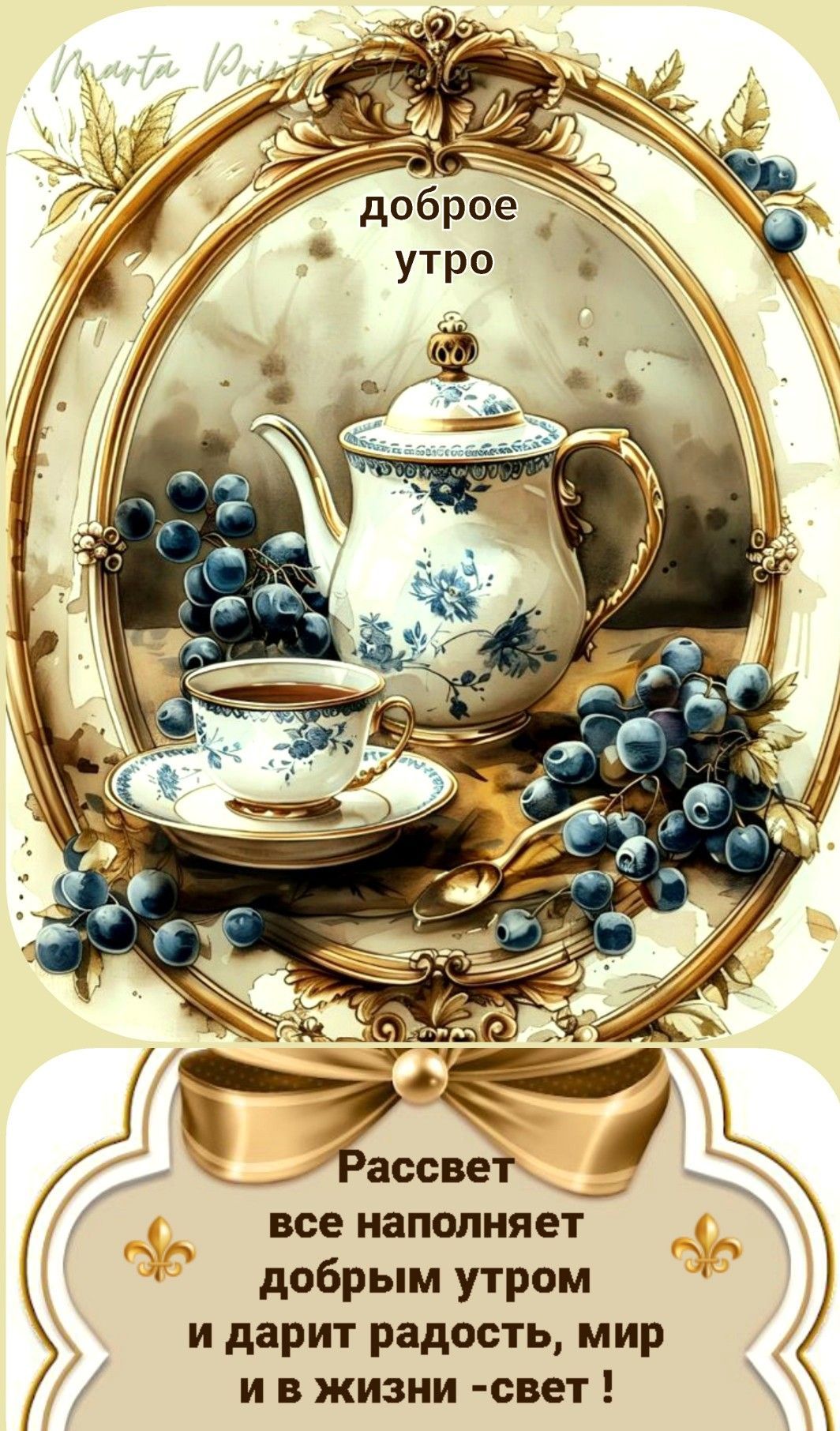 Открытка «С добрым утром»: Уютное доброе утро: чай, ягоды, пожелание мира. Тэги: пожелание, утро, красивая, позитив…