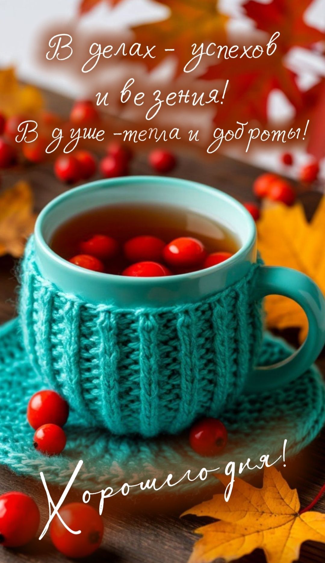 Открытка «Пожелание»: Хорошего дня! Успехов, тепла и доброты!. Тэги: улыбка, красивая, кофе, позитив, радость, добрый…