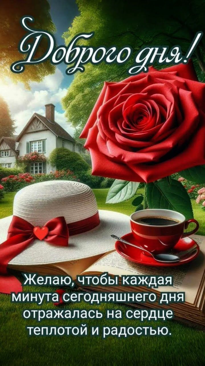 Открытка «Пожелание»: Яркая открытка Доброго дня с розой и пожеланием. Тэги: красивая, кофе, радость, добрый день…