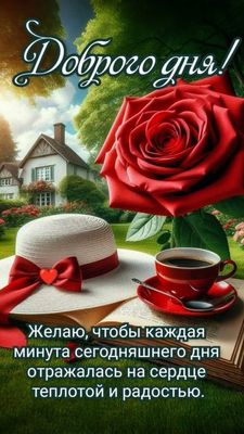 Открытка «Пожелание»: Яркая открытка Доброго дня с розой и пожеланием. Тэги: красивая, кофе, радость, добрый день…