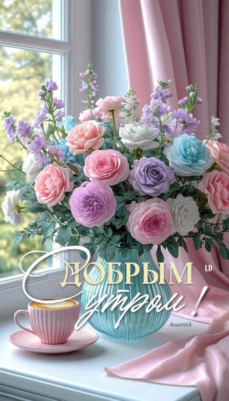 Открытка «С добрым утром»: Нежное Доброе утро с букетом роз и кофе. Тэги: пожелание, улыбка, утро, кофе, позитив…