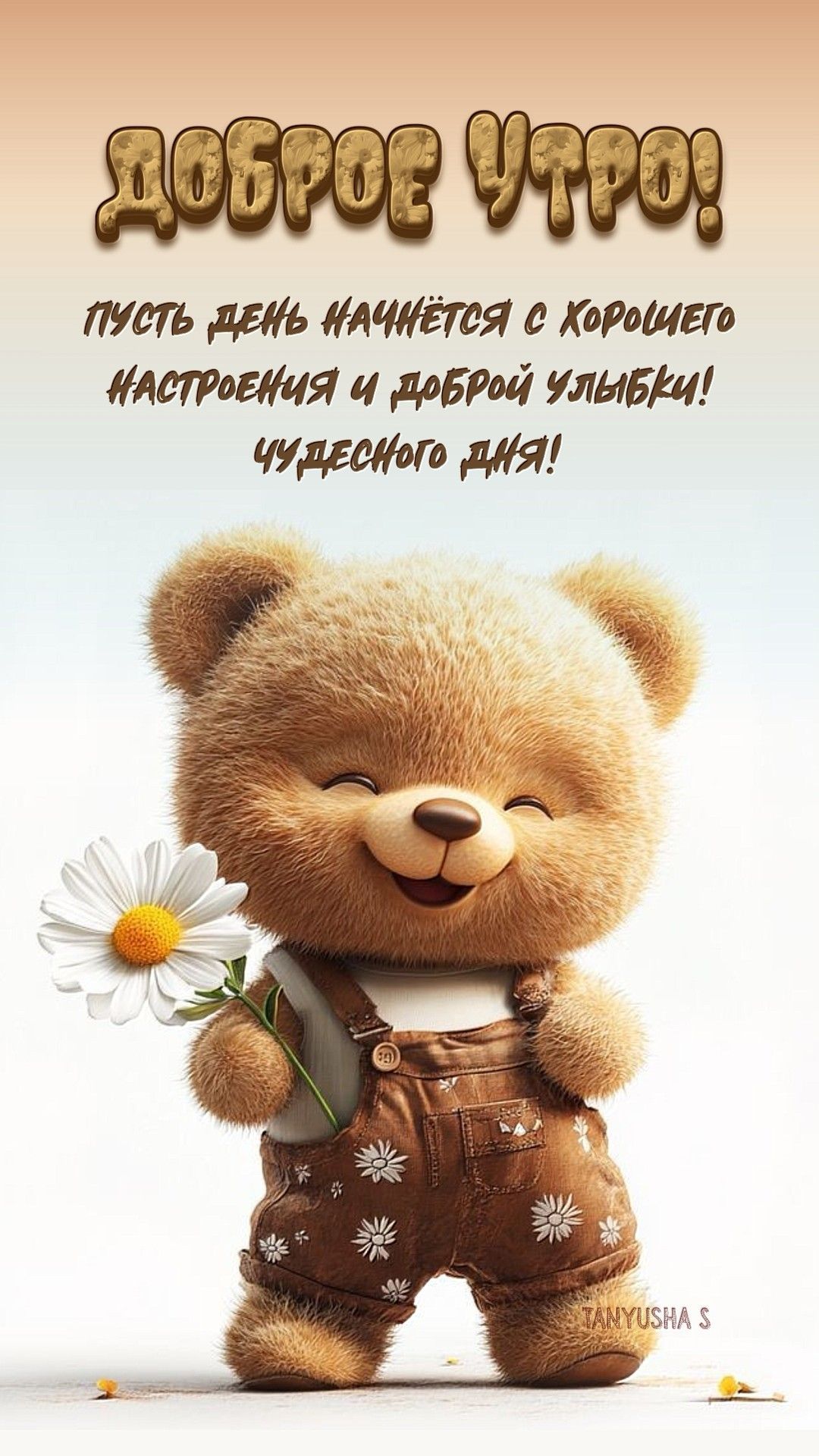 Открытка «Животное»: Доброе утро: милый мишка с ромашкой для настроения. Тэги: пожелание, улыбка, утро, красивая…