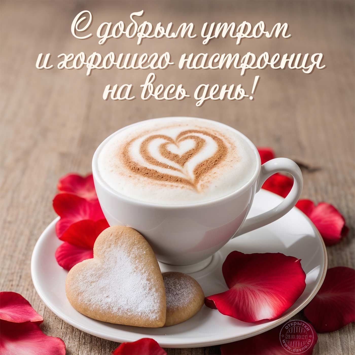 Открытка «С добрым утром»: Доброе утро и хорошее настроение: кофе с сердцем. Тэги: пожелание, улыбка, утро, красивая…