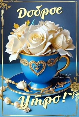 Открытка «Пожелание»: Доброе утро! Нежные розы в чашке для настроения. Тэги: улыбка, утро, красивая, позитив, радость…