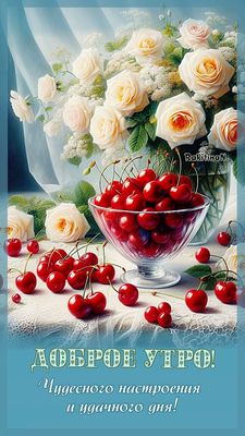 Открытка «С добрым утром»: Доброе утро! Розы, вишня, чудесное настроение. Тэги: пожелание, улыбка, утро, красивая…