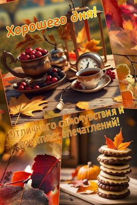 Открытка «Пожелание»: Осеннее пожелание Хорошего дня и позитива. Тэги: позитив, добрый день, чай, печенье, осень, стол…