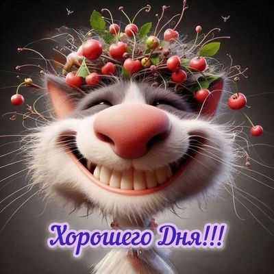 Открытка «Кот»: Хорошего Дня! Позитив и улыбка кота с вишнями. Тэги: животное, пожелание, прикольная, смешная, улыбка…