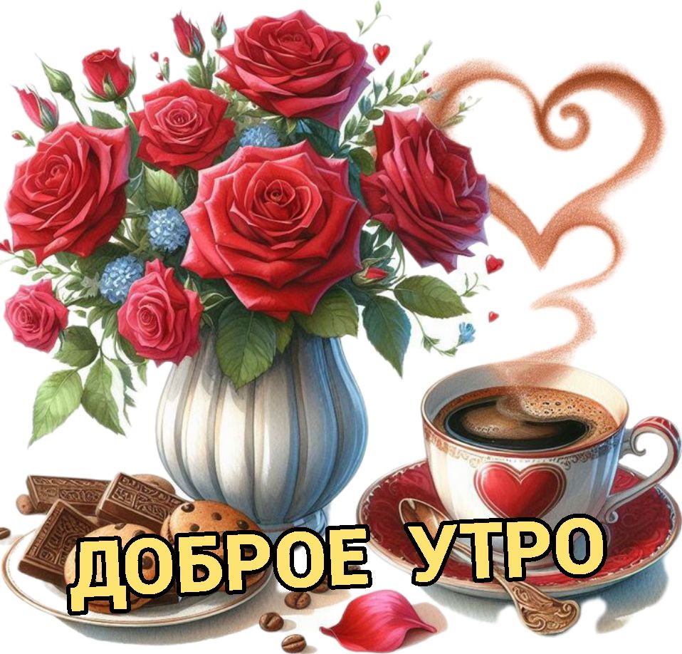 Открытка «Пожелание»: Доброе утро: розы, кофе и сердце для любимых. Тэги: утро, красивая, кофе, позитив, сердце…