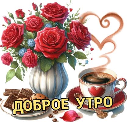Открытка «Пожелание»: Доброе утро: розы, кофе и сердце для любимых. Тэги: утро, красивая, кофе, позитив, сердце…