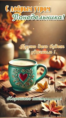 Открытка «Пожелание»: С добрым утром понедельника! Отличного настроения!. Тэги: утро, красивая, кофе, позитив, сердце…