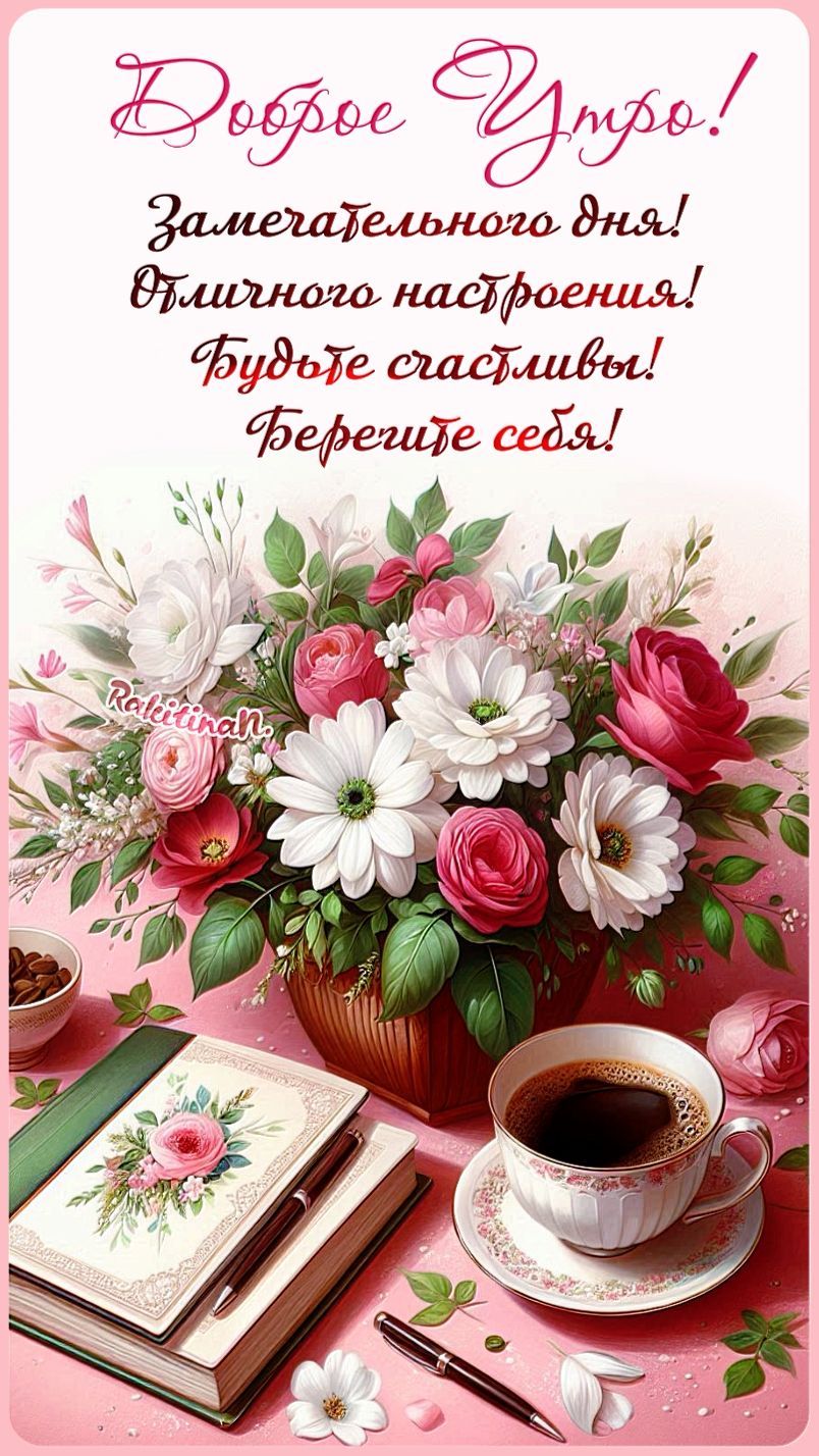 Открытка «С добрым утром»: Нежное «Доброе утро» с цветами и отличным настроением. Тэги: пожелание, утро, красивая…
