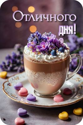 Открытка «С добрым утром»: Отличного дня! Нежная открытка с кофе и цветами. Тэги: пожелание, друг, подруга, кофе…