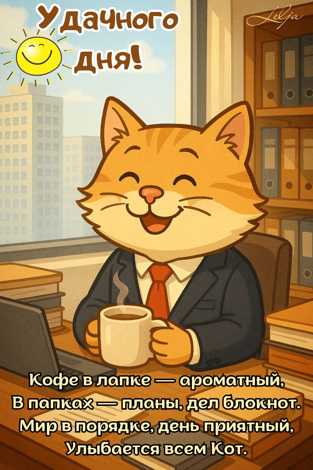Открытка «Кот»: Удачного дня! Веселый кот с кофе и улыбкой. Тэги: животное, пожелание, улыбка, кофе, позитив, радость…