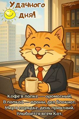 Открытка «Кот»: Удачного дня! Веселый кот с кофе и улыбкой. Тэги: животное, пожелание, улыбка, кофе, позитив, радость…