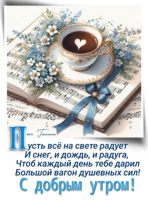Открытка «С добрым утром»: С добрым утром: кофе, ноты, нежность и позитив. Тэги: пожелание, утро, кофе, позитив…