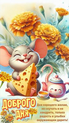 Открытка «Животное»: Доброго дня! Мышка с сыром и яркий позитив. Тэги: пожелание, прикольная, улыбка, друг, красивая…