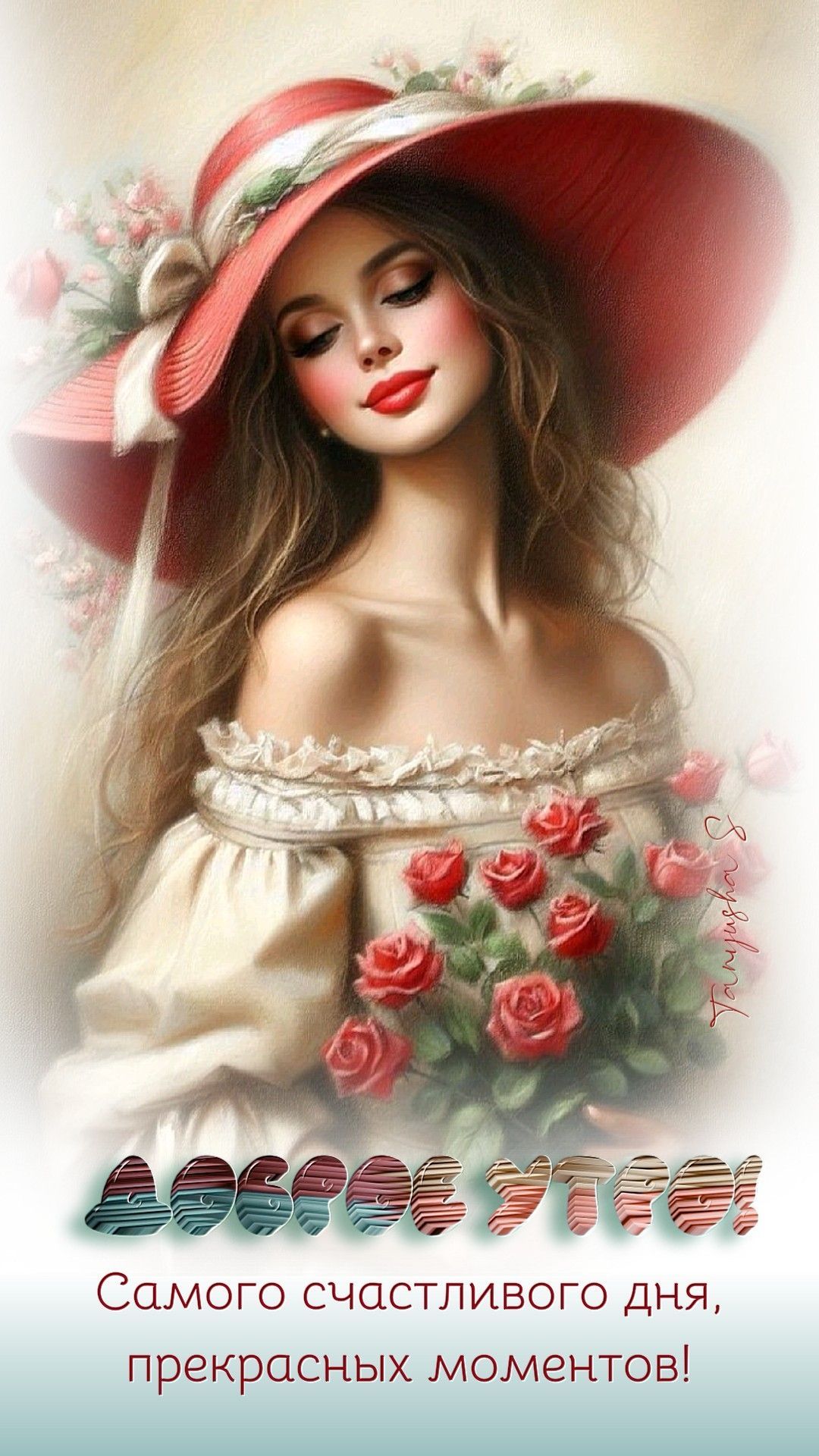 Открытка «С добрым утром»: Доброе утро: Красивая женщина с розами. Тэги: пожелание, улыбка, утро, женщина, девушка…