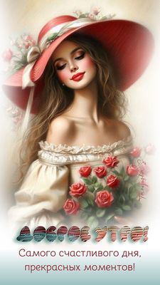 Открытка «С добрым утром»: Доброе утро: Красивая женщина с розами. Тэги: пожелание, улыбка, утро, женщина, девушка…