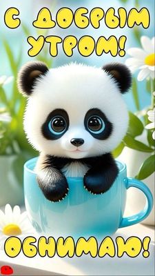 Открытка «Животное»: С добрым утром! Милый панда в чашке обнимает. Тэги: пожелание, улыбка, утро, друг, подруга…