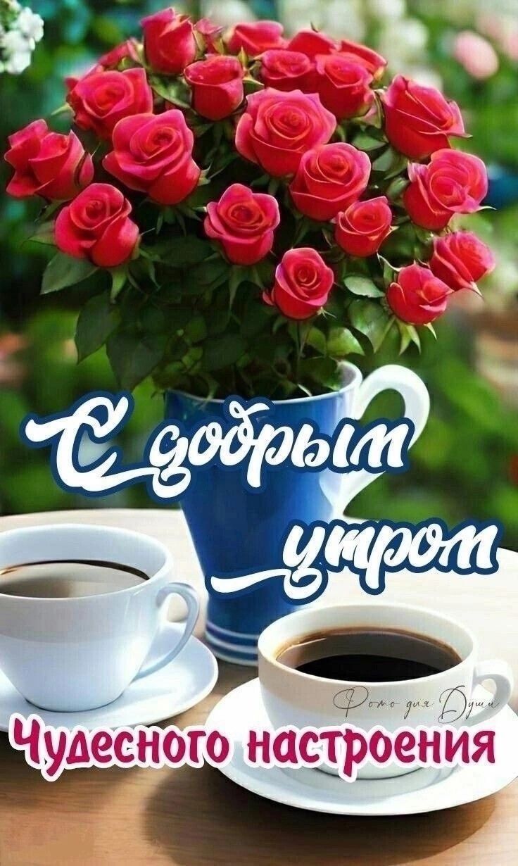 Открытка «С добрым утром»: Открытка С добрым утром: розы и кофе для настроения. Тэги: пожелание, утро, красивая, кофе…