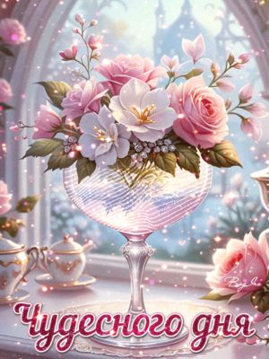 Открытка «Пожелание»: Нежная открытка: Чудесного дня с букетом цветов. Тэги: улыбка, позитив, радость, цветок, уют…