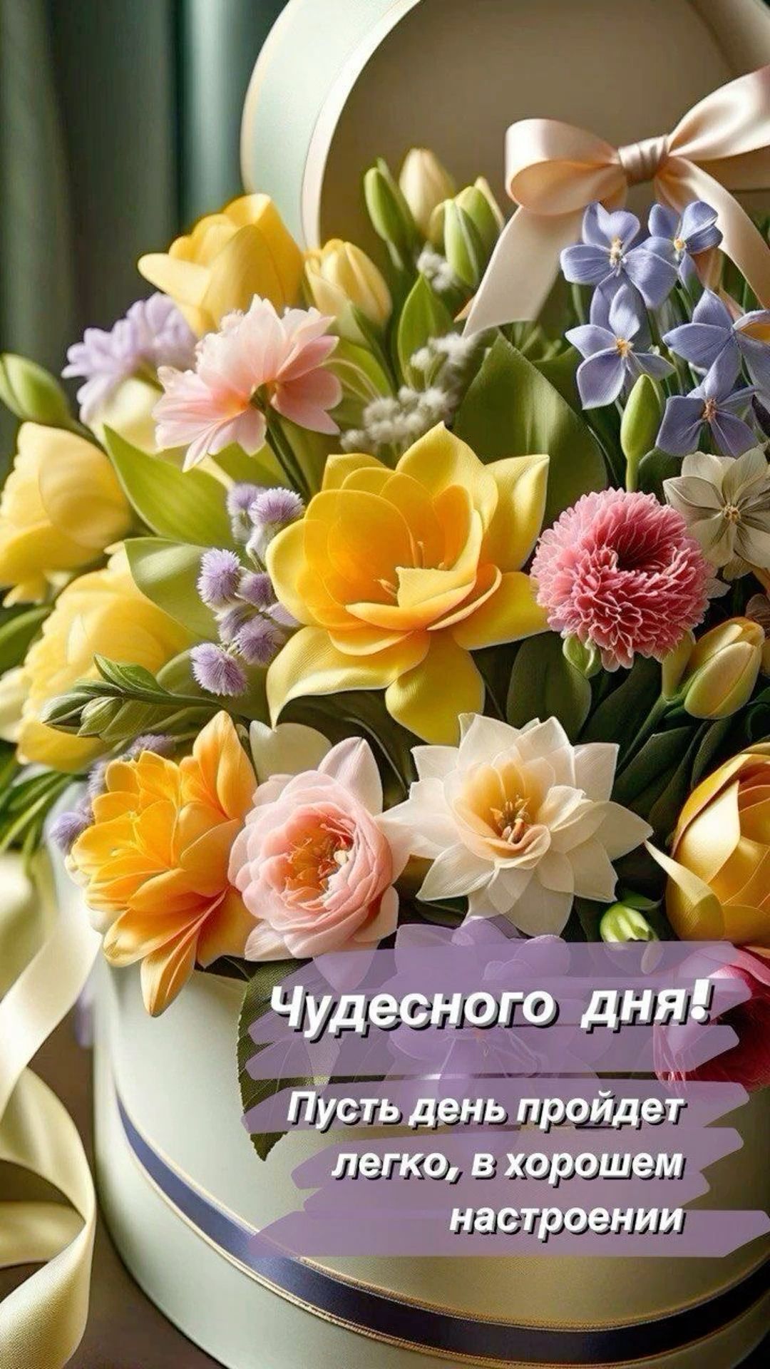 Открытка «Пожелание»: Чудесного дня! Нежный букет для хорошего настроения. Тэги: улыбка, позитив, радость, добрый день…