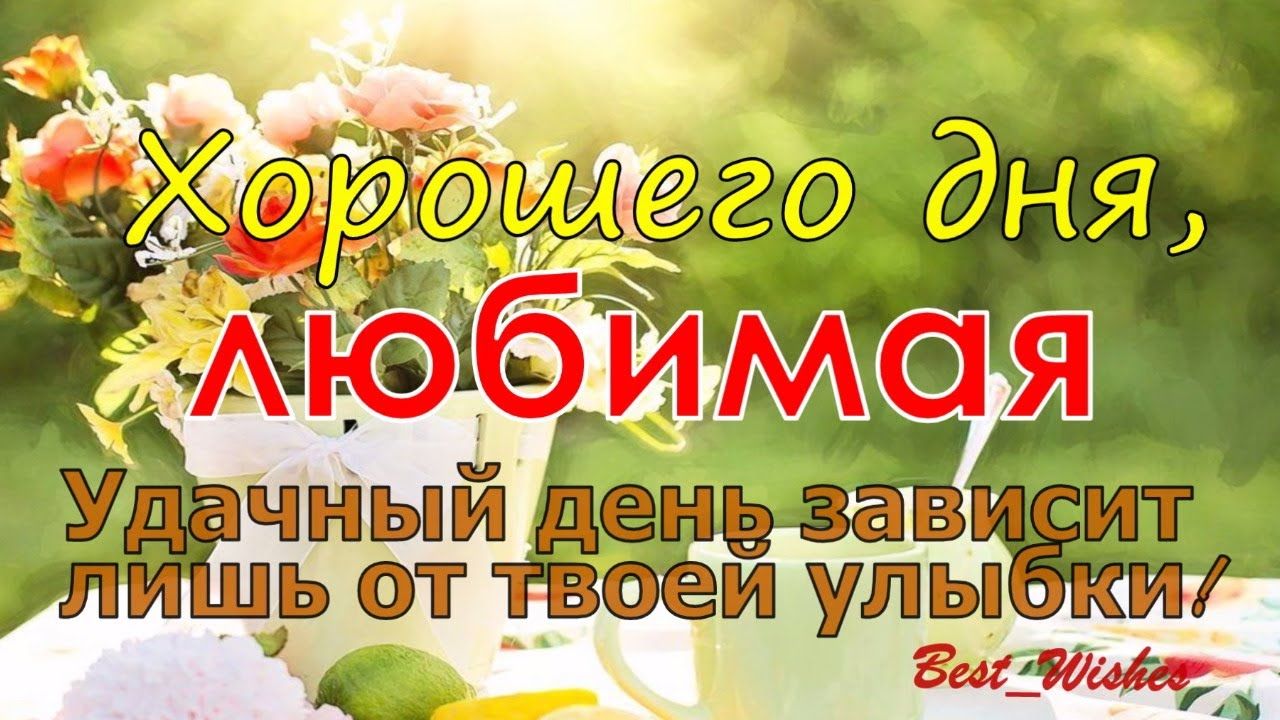 Открытка «Пожелание»: Хорошего дня, Любимая! Счастья и улыбки. Тэги: улыбка, красивая, позитив, добрый день, цветок…