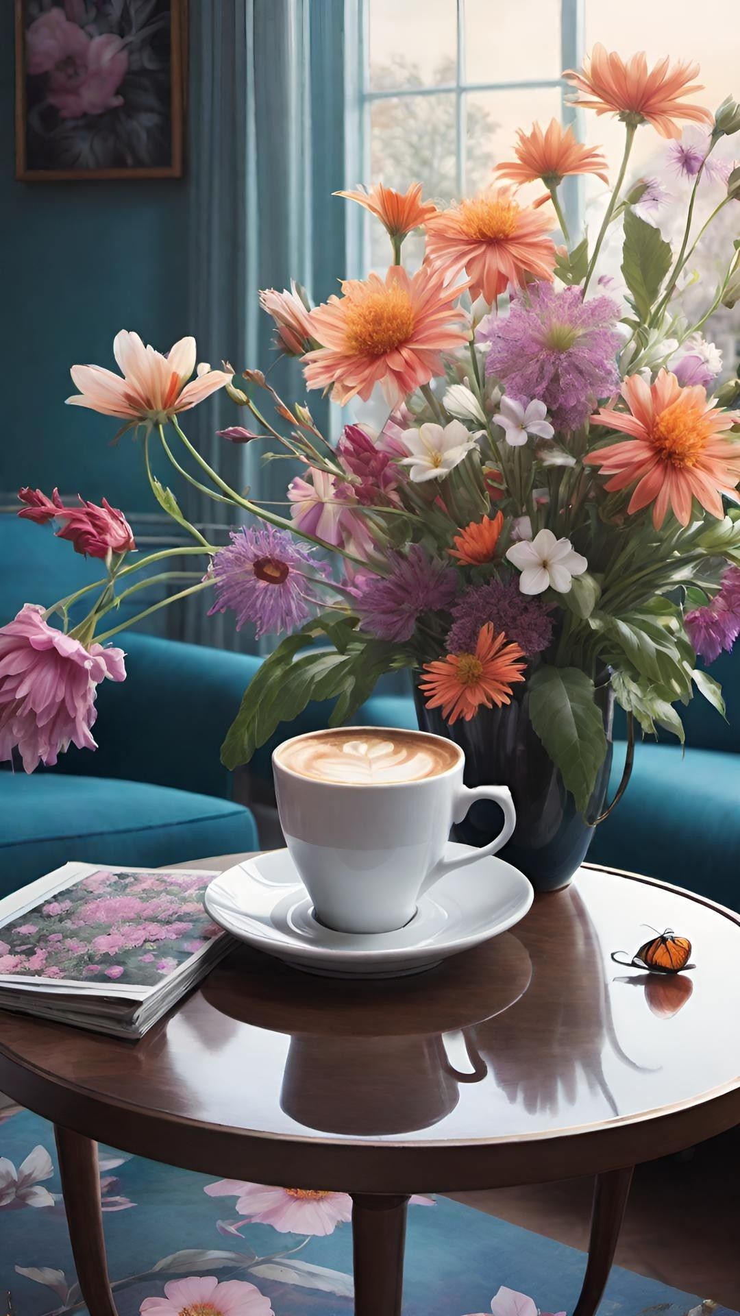 Открытка «С добрым утром»: С добрым утром! Кофе и красивый букет цветов. Тэги: пожелание, утро, красивая, кофе…