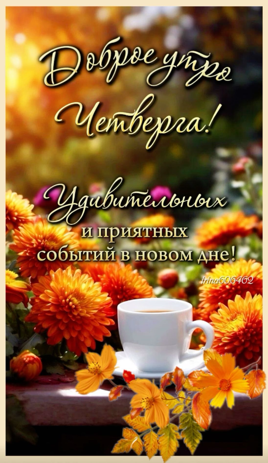Открытка «Пожелание»: Доброе утро четверга с цветами и кофе для настроения!. Тэги: утро, красивая, кофе, позитив…