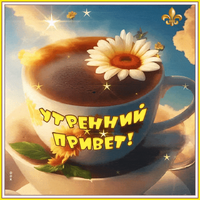 Открытка «С добрым утром»: Красивый утренний привет с кофе и ромашкой. Тэги: пожелание, улыбка, утро, красивая, кофе…