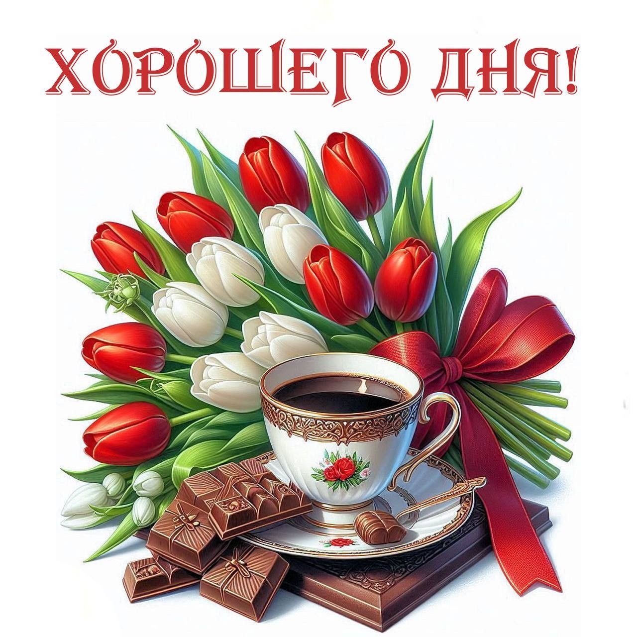 Открытка «Пожелание»: Красивая открытка: Хорошего дня! Тюльпаны и кофе. Тэги: кофе, позитив, добрый день, цветок…