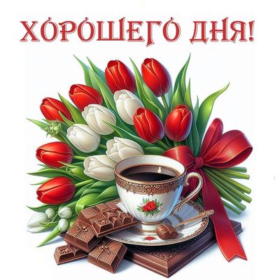 Открытка «Пожелание»: Красивая открытка: Хорошего дня! Тюльпаны и кофе. Тэги: кофе, позитив, добрый день, цветок…