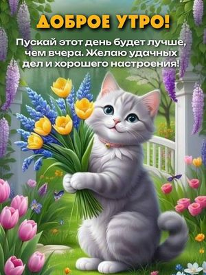 Открытка «Кот»: Доброе утро: милый кот, цветы и отличное настроение. Тэги: животное, пожелание, улыбка, утро, красивая…