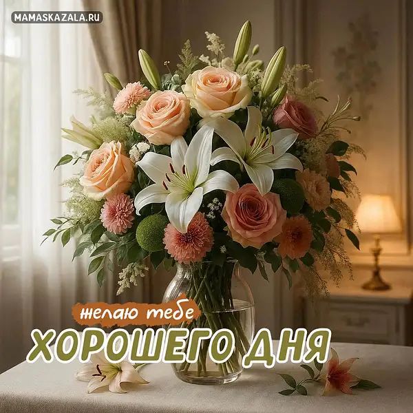 Открытка «Пожелание»: Пожелание хорошего дня: Красивый букет цветов. Тэги: улыбка, красивая, позитив, радость, добрый…