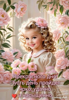 Открытка «Пожелание»: Прекрасного дня! Девочка с цветами и пожеланием. Тэги: улыбка, красивая, позитив, радость…
