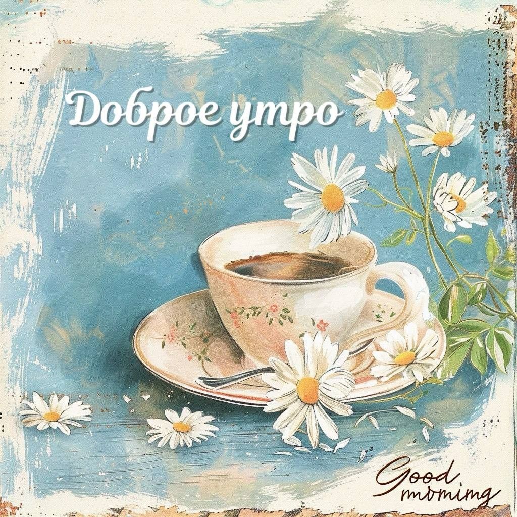 Открытка «С добрым утром»: «Доброе утро» с кофе и милыми ромашками. Тэги: пожелание, утро, красивая, кофе, позитив…
