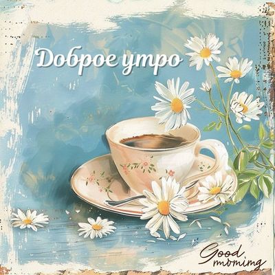 Открытка «С добрым утром»: «Доброе утро» с кофе и милыми ромашками. Тэги: пожелание, утро, красивая, кофе, позитив…