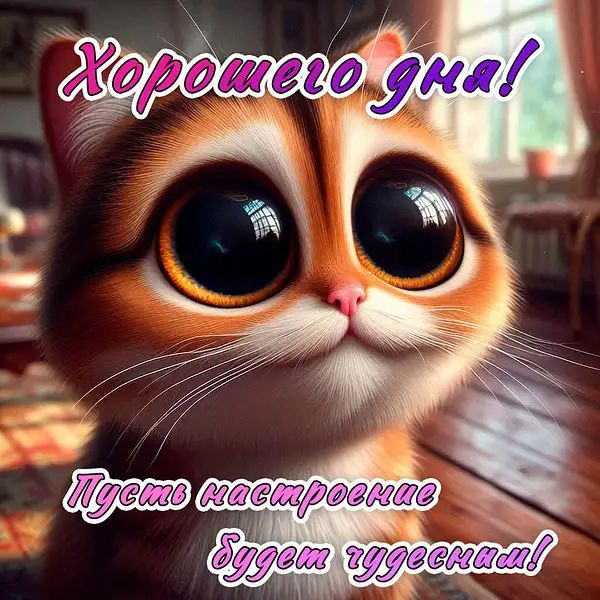 Открытка «Кот»: Хорошего дня! Милый кот для чудесного настроения. Тэги: животное, пожелание, юмор, прикольная, улыбка…
