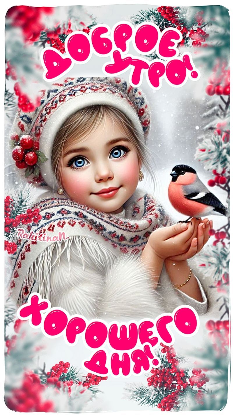 Открытка «С добрым утром»: Доброе утро: девочка и снегирь. Зимнее пожелание. Тэги: Хорошего дня, С добрым зимним утром…