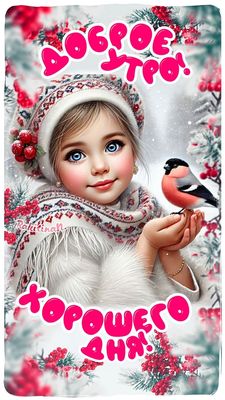 Открытка «С добрым утром»: Доброе утро: девочка и снегирь. Зимнее пожелание. Тэги: Хорошего дня, С добрым зимним утром…