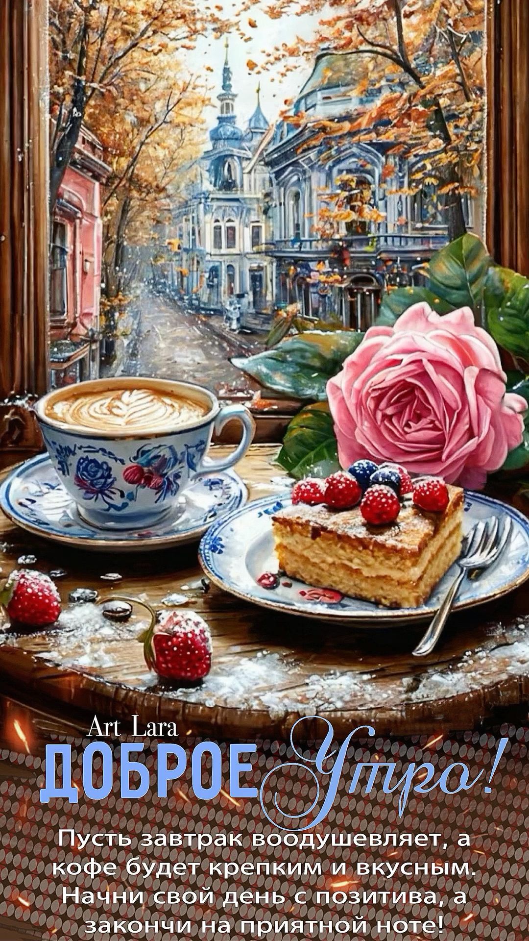 Открытка «Пожелание»: Доброе утро: кофе, пирожное, роза и осенний город. Тэги: утро, красивая, кофе, позитив, цветок…