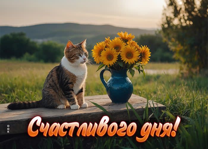 Открытка «Кот»: Счастливого дня: милый кот, подсолнухи, позитив. Тэги: животное, пожелание, улыбка, красивая, позитив…