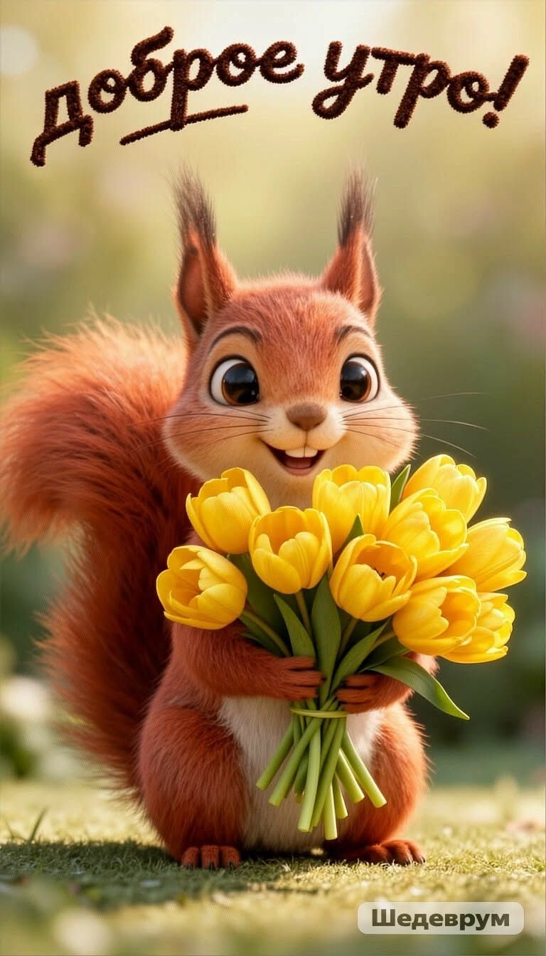Открытка «С добрым утром»: Доброе утро! Позитивная белка и букет тюльпанов. Тэги: животное, пожелание, улыбка, утро…