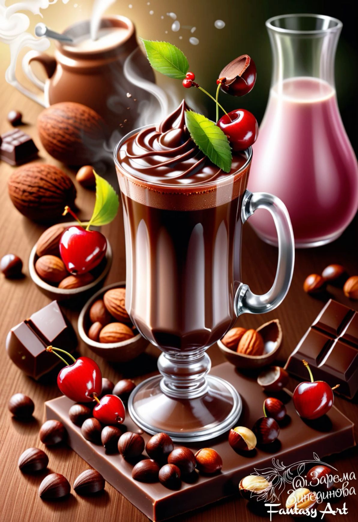 Открытка «С добрым утром»: Уютный кофе с шоколадом и вишней для настроения. Тэги: пожелание, улыбка, кофе, позитив…